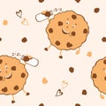 Vector seamless pattern smiling cookies with milk. Funny cute cookies with chocolate chips on a soft beige background.